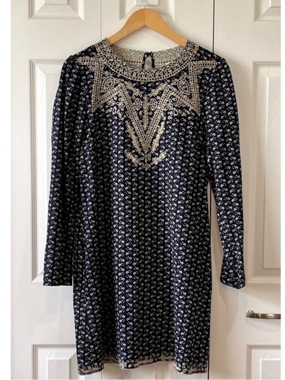 Anthropologie The Korner Navy & Cream Embroidered Tunic/Dress L